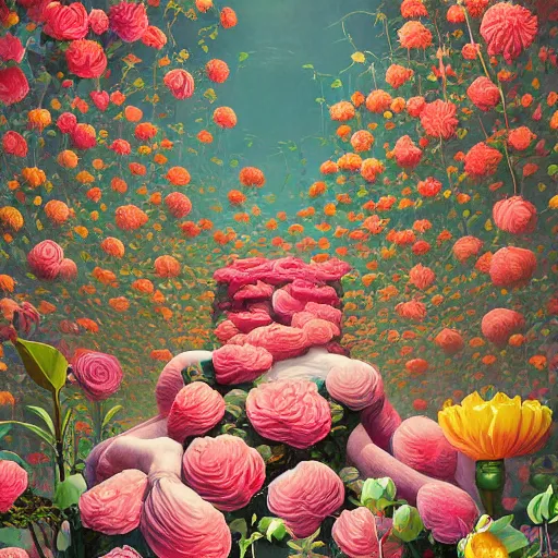 Image similar to hyper detailed illustration - flowers everywhere, long petals, entangled foliage, glowing blossoms, huge blossoms, by James Jean, Masterpiece, Edward Hopper and James Gilleard, Ross Tran, Mark Ryden, Wolfgang Lettl, hints of Yayoi Kasuma, surreal