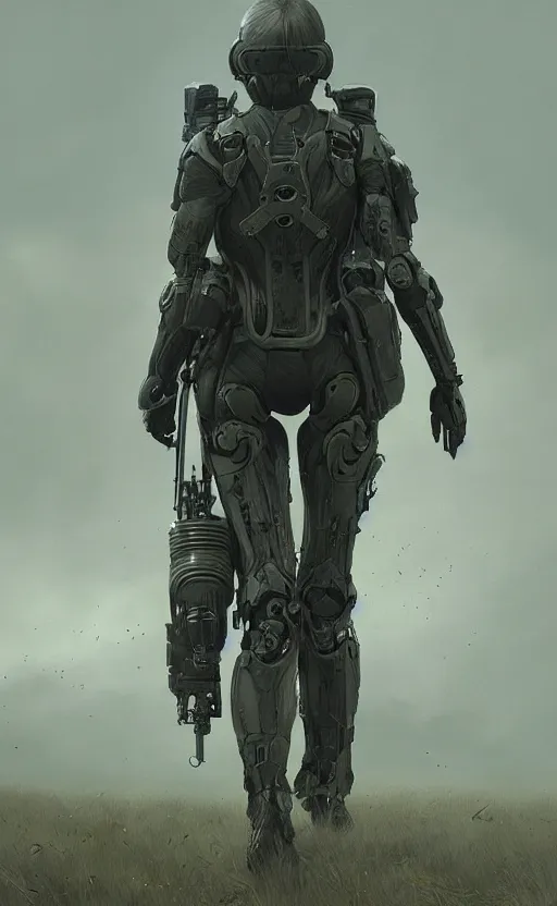 Image similar to death stranding landscape, anatomically correct human female figure wearing tactical gear in field facing forward, cinematic lighting, dark shadows, hyper detailed, digital painting by greg rutkowski and simon stalenhag, artstation, cgsociety, intricate, concept art