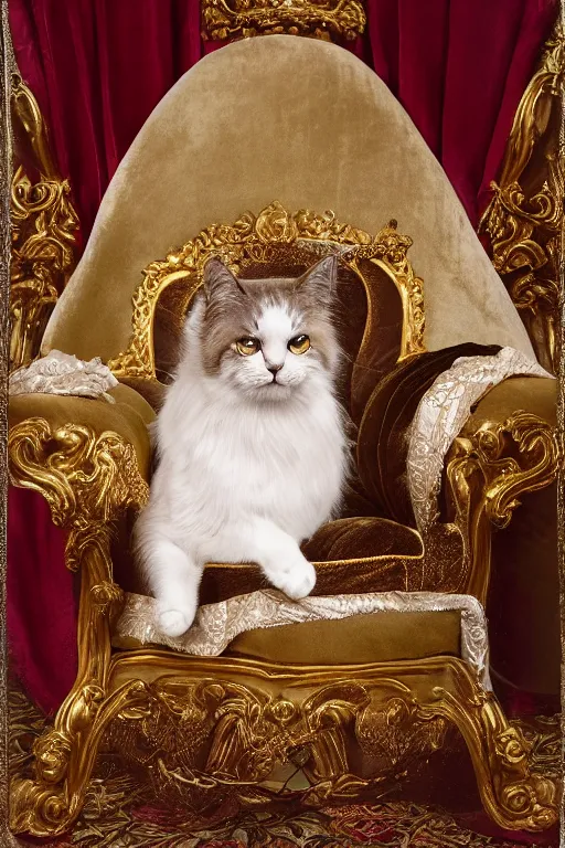 Prompt: tintype photography, portrait of a royal cat in his royal robes, outrageously fluffy, on an embroidered velvet cushion on a neo - rococo gilded little bed, by david lachapelle, photorealistic, photography, wide shot