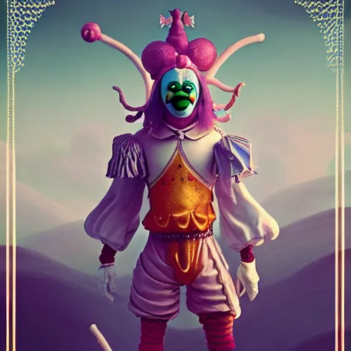 Prompt: clown character knight, infinite final fantasy candyland landscape fall god temple, moody : : wes anderson, roger dean, sophie anderson, esao andrews : : ornate, dynamic, particulate, intricate, elegant, highly detailed, centered, artstation, smooth, sharp focus, octane render, 3 d