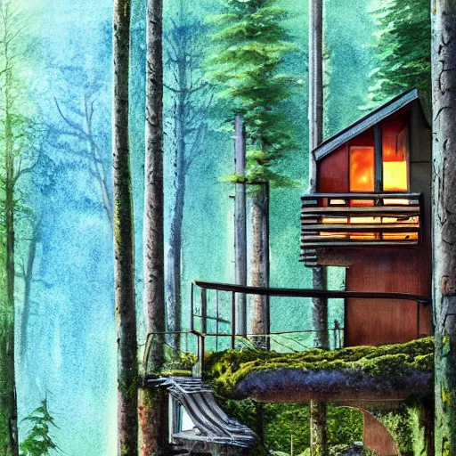 Prompt: Ramped Entrance - 'Woodnest' Cabin Is a Tiny Self-Supported Tree House in This overgrown futuristic sci-fi Norwegian Forest, Nice colour scheme, soft warm colour. Studio Gibli. Beautiful detailed watercolor by Lurid. (2022)