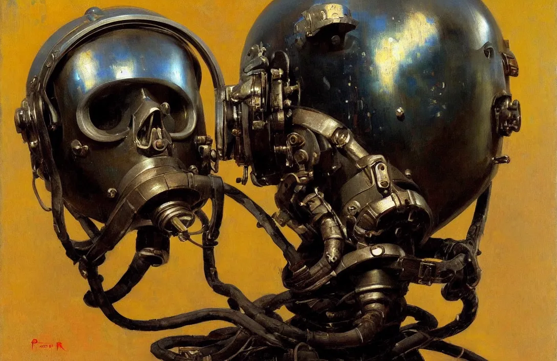 Image similar to portrait of deep sea diver helmet!!!!!!!!!!!!!!!!!!!!!!!!!!!, detailed skull face, detailed painting, epic lighting, by ilya repin, phil hale and kent williams