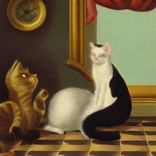 Image similar to cat playing chess looking wise, rococo oil painting.