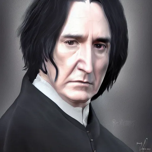 Prompt: A close up shot of Severus Snape, extra detailed, digital illustration, by Randy Bishop, digital painting, Matte painting, trending on artstation and unreal engine
