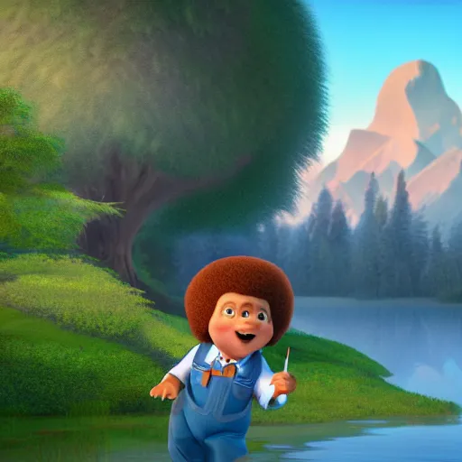 Image similar to bob ross as a disney character from up ( 2 0 0 9 ), octane render, 3 d render, photorealistic