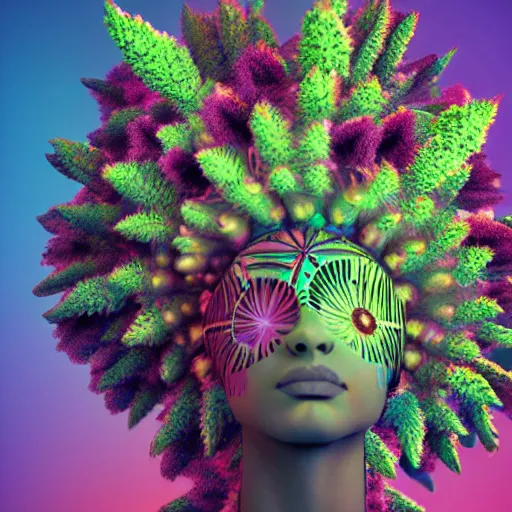 Image similar to an african marijuanna! shaman with an afro made of flowers, third eye art art by machina infinitum, complexity from simplicity, rendered in octane, mandelbulb 3 d, ambient occlusion, radiant lighting, macro photography, felt!!! texture, tribal, pastel! retrowave