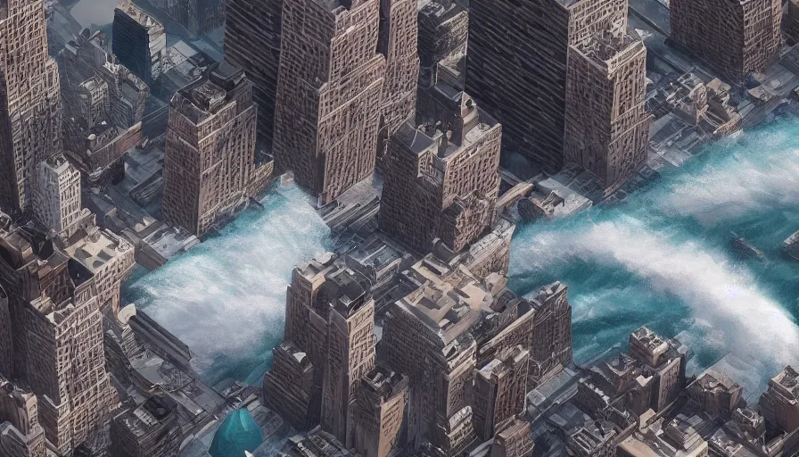 Prompt: People fleeying a tidal wave in New York City, wild view, hyperdetailed, artstation, cgsociety, 8k