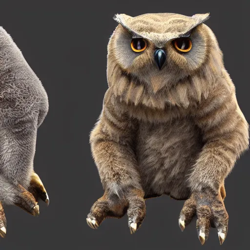 Image similar to a chimera of an owl and a bear, high detail render