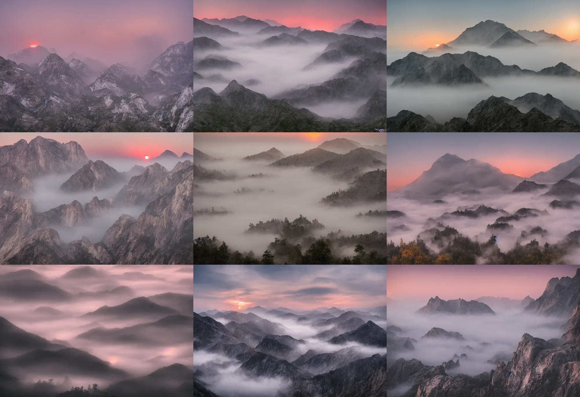 Prompt: foggy 🏔, national geographic award winning photography, sunset, white marble