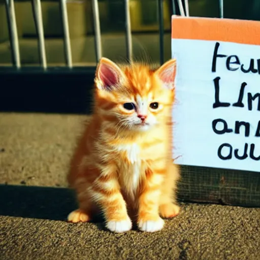 Image similar to cute fluffy orange tabby kitten with a sign that says