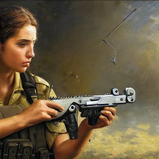 Image similar to a female israeli soldier pressing a staple gun to her head and looking depressed by thomas kincade realistic, high details