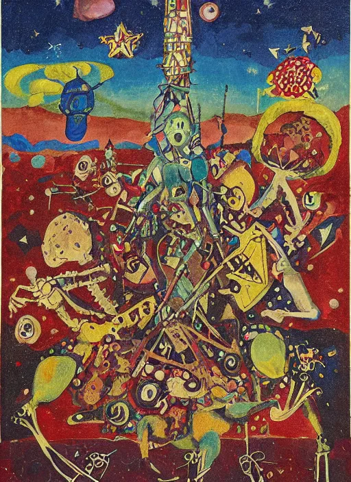 Image similar to pixel decollage painting tarot lovers card composition tower of babel road red armor maggot bear and wonky alien frog skeleton knight on a horse in a dark red cloudy night sky with golden foil jewish stars, occult symbols and diamonds, mountain lake and blossoming field in background, painted by Mark Rothko, Helen Frankenthaler, Danny Fox and Hilma af Klint, pixelated, neo expressionism, semi naive, pastel colors, cinematic, color field painting, cave painting, voxel, pop art look, outsider art, minimalistic. Bill Traylor painting, part by Philip Guston, Amano and Francis Bacon. art by Adrian Ghenie, very coherent symmetrical artwork, cinematic, hyper realism, high detail, octane render, unreal engine, Smooth gradients, depth of field, full body character drawing, extremely detailed, 8k, extreme detail, intricate detail, masterpiece