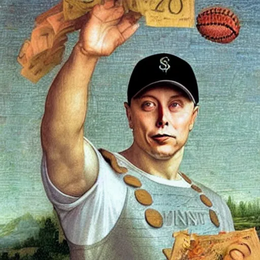 Prompt: ecstatic elon musk wearing a baseball cap backwards throwing money in the air painted by leonardo da vinci.