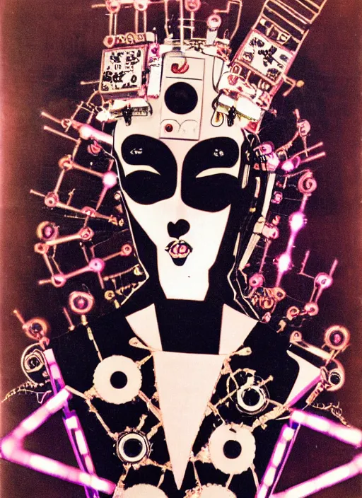 Image similar to Portrait of a punk goth fashion fractal mecha girl with a television head wearing kimono made of circuits and leds, surreal photography by Man Ray