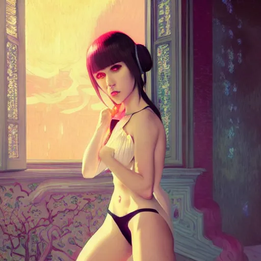 Image similar to feminine nicolas cage in seductive clothing by ross tran, walking in a castle painted by sana takeda, rtx reflections, very high intricate details, painting by van gogh, digital anime art, medium shot, mid - shot, composition by ilya kuvshinov, lighting by greg rutkowski