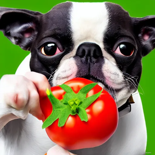 Image similar to boston terrier with a human beard eating tomato's with cheese, photorealistic, high detail, 8 k resolution