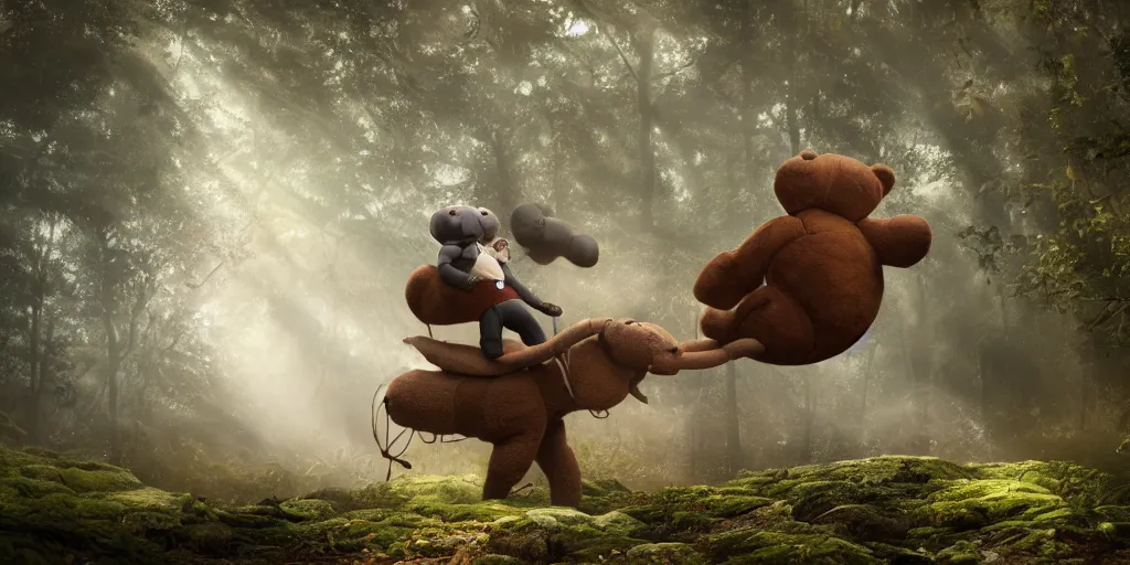 Image similar to a giant ant is riding a giant teddy bear in a forest, moody, cinematic light, matte painting, concept art, highly detailed, 8k