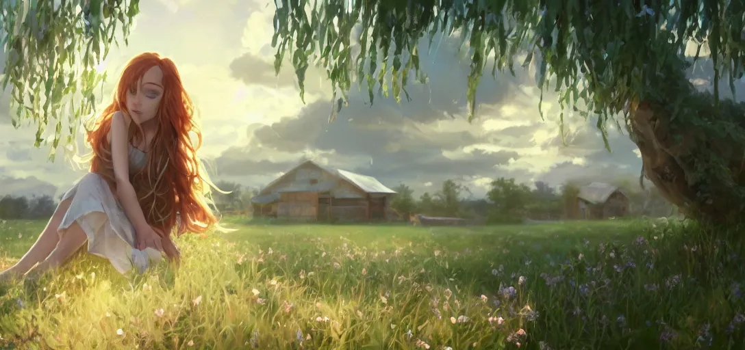Image similar to a beautiful southern woman named Savannah, innocent, somber turquoise eyes, freckles, long ginger hair tied with white ribbon, napping under wisteria on a farm, gentle lighting, storm in the distance, western clothing, dress, digital art by Makoto Shinkai ilya kuvshinov and Wojtek Fus, digital art, concept art,