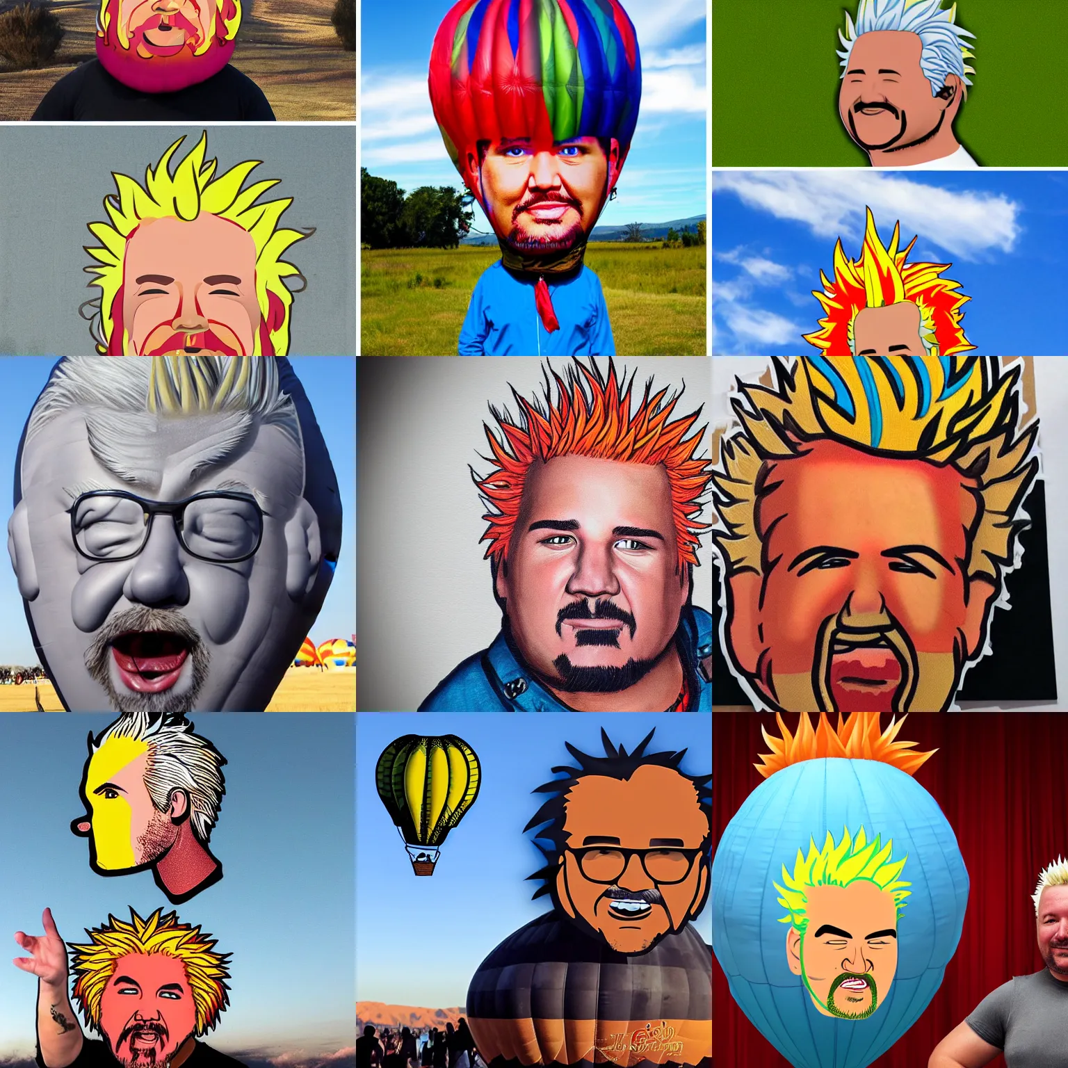 Prompt: Hot air balloon in the shape of Guy Fieri's head, photorealistic, detailed