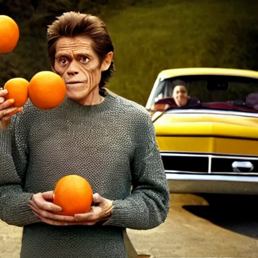 Image similar to Willem Dafoe in a sweater, with a confused face holding oranges on two outstretched hands, against the background of a retro car, focus on the foreground, realism, details,