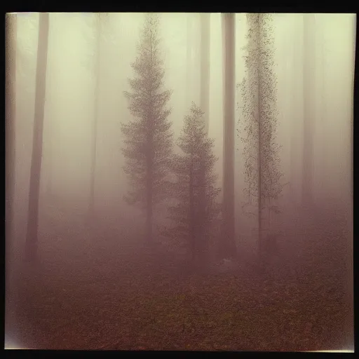 Image similar to you are lost in the forest, polaroid, surrended, foggy