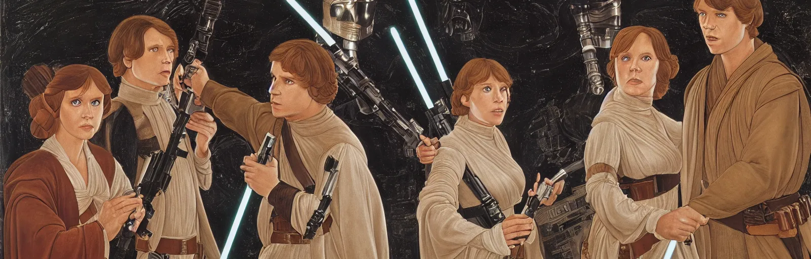 Prompt: luke skywalker, princess leia and han solo in return of the jedi, by sandro botticelli