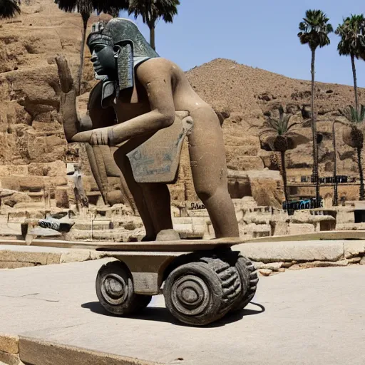 Prompt: A granite statue of Ramses II riding a segway