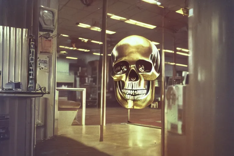 Image similar to large metallic skull attached to an infinitely long, giant, thick power cable, stoic and calm, inside of an unlit 1970s convenience store, ektachrome photograph, volumetric lighting, f8 aperture, cinematic Eastman 5384 film