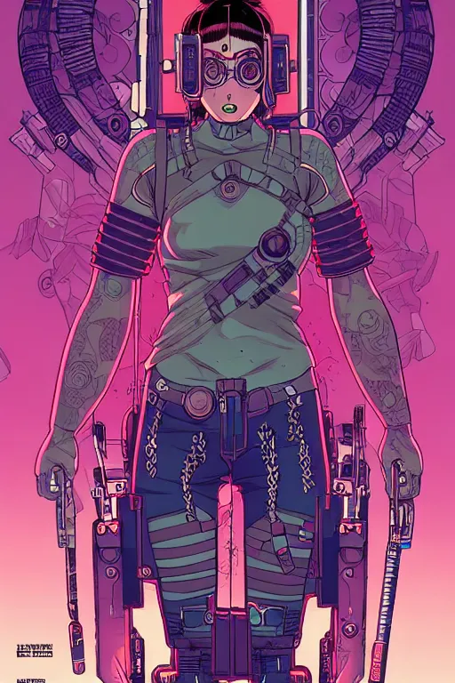 Image similar to comic cover art of a cyberpunk shaman girl, inspired by gunsmith cats and tank girl, illustration by jenny frison and sana takeda, intricate details, stunning inking lines, stunning gradient colors, 4 k, hd, artstation