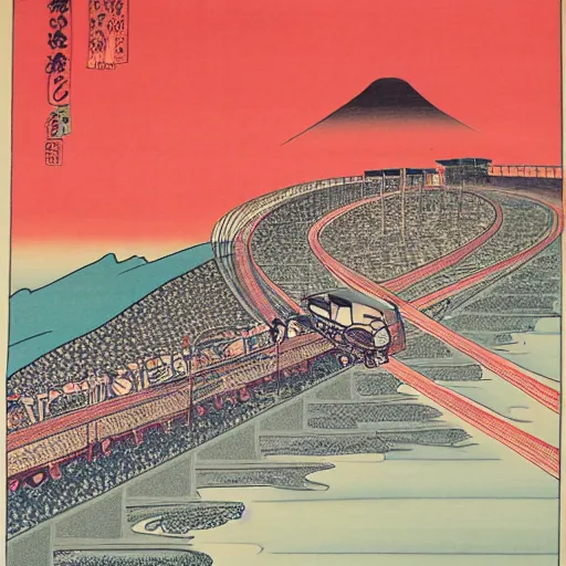 Image similar to high speed train in india against a giant rising sun, ukiyo - e style, lithograph, textile print