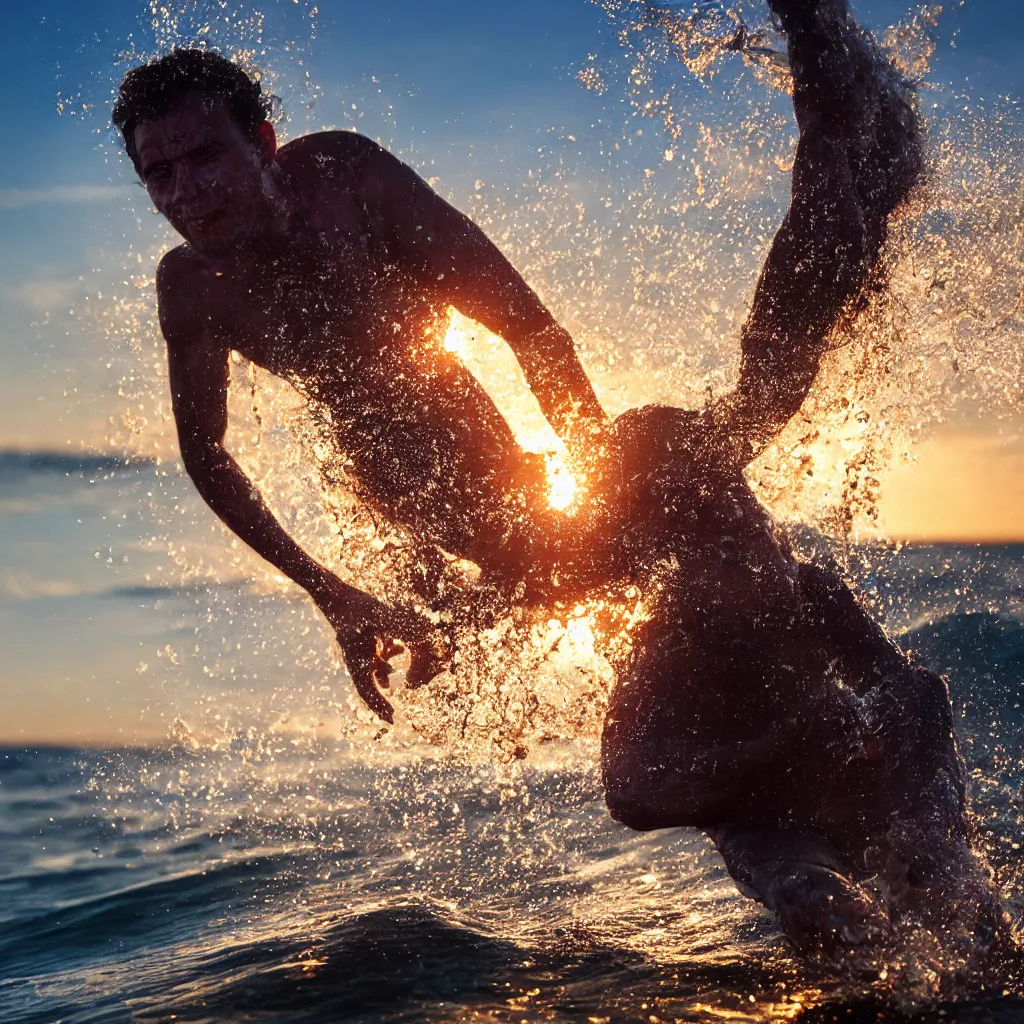 Image similar to a closeup photorealistic photograph of glistering sweaty skin face in the surf during sunset. professional capture, well lit shot. this 4 k hd image is trending on artstation, featured on behance, well - rendered, extra crisp, features intricate detail, epic composition and the style of unreal engine.