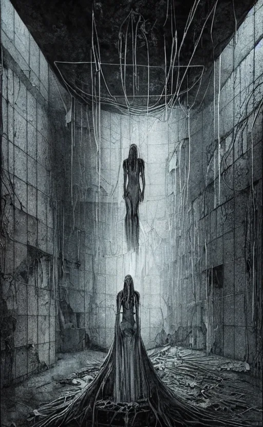 Image similar to vertical movie frame portrait of girl inside abandoned school, ominous backrooms at distance seen through big broken wall, giger interior design, architectural design, vintage, liminal aesthetic, dreamcore, weirdcore, clean lines, wide angle, by wayne barlowe, tsutomu nihei, zdzislaw beksinski,