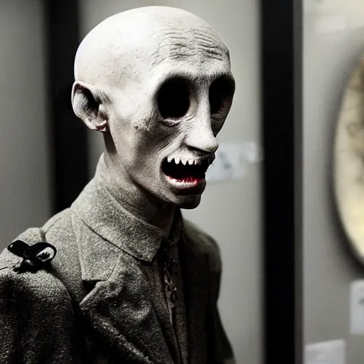 Image similar to photograph of a taxidermied count orlok on display in a museum
