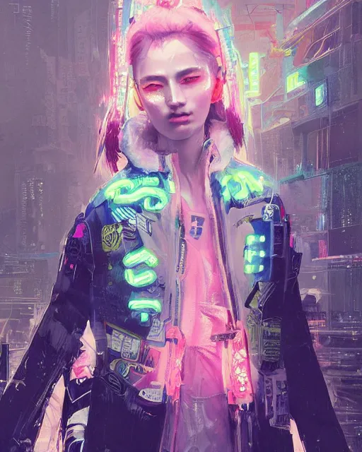 Image similar to detailed portrait Neon Operator Girl cyberpunk futuristic neon Reflective puffy coat, decorated with traditional japanese ornaments by ismail inceoglu dragan bibin hans thoma greg rutkowski Alexandros Pyromallis Nekro Rene Margitte illustrated Perfect face, fine details, realistic shaded, fine-face, pretty face