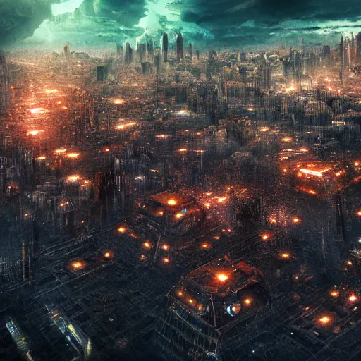 Image similar to megacity, hive city, futuristic dystopian endless, intricate, complex, labyrinthine, byzantine, tangled, matte painting, night, gloomy, dark, dramatic, cinematic, volumetric lighting, gods eye view