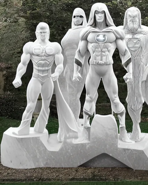Prompt: a giant white marble sculpture depicting the Justice league, detailed, intricate Marble sculptures of Green Lantern, Flash, Superman, Batman, Wonder Woman, Aquaman and Martian Manhunter all carved out of one giant Block of Marble