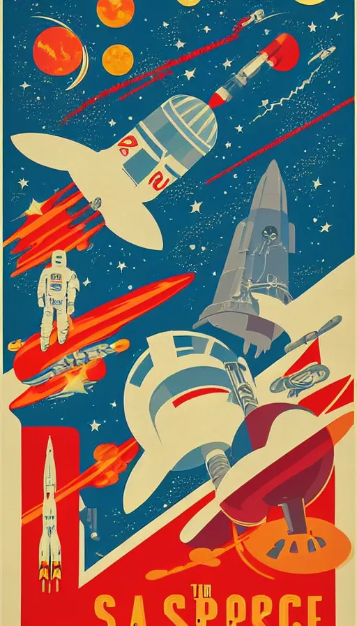 Image similar to retro propaganda poster for space exploration, rocket launching, stars and planets