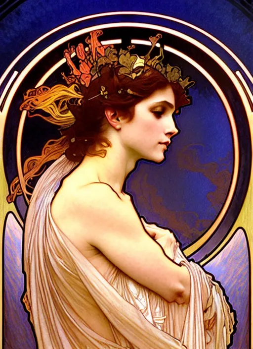 Prompt: awe-inspiring award-winning concept art nouveau painting of attractive figure called the goddess of the moonbow, by Alphonse Mucha, Michael Whelan, William Adolphe Bouguereau, John Williams Waterhouse, and Donato Giancola, fierce, extremely moody lighting, glowing light and shadow, atmospheric, shadowy, cinematic, diffuse lighting, fantasy, intricate, elegant, highly detailed, lifelike, photorealistic, digital painting, artstation, illustration, concept art, smooth, sharp focus, art by John Collier and Albert Aublet and Leonardo da vinci and Krenz Cushart and Artem Demura and Alphonse Mucha