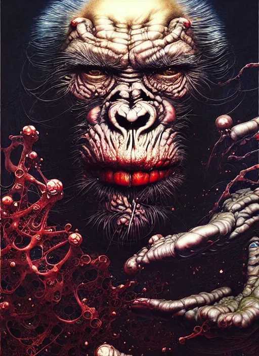 Prompt: detailed image of ape wears formal suit by Ayami Kojima, Amano, Karol Bak, Greg Hildebrandt, and Mark Brooks, rich deep colors. Beksinski painting, part by Adrian Ghenie and Gerhard Richter. art by Takato Yamamoto. masterpiece . intricate artwork by Tooth Wu and wlop and beeple, greg rutkowski, very coherent symmetrical artwork, cinematic, hyper realism, high detail, octane render, unreal engine, 8k, Vibrant colors, Smooth gradients, High contrast, depth of field. by Katsuhiro Otomo, full body character drawing, inspired by Evangeleon, clean ink detailed line drawing, intricate detail, extremely detailed. painting by Arthur Rackham, Eugene de Blaas, Frederic Leighton