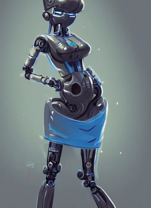 Prompt: a robot wearing a maid dress, blue dress, stripped thigh high, full body shot, highly detailed, digital painting, artstation, concept art, smooth, sharp focus, illustration