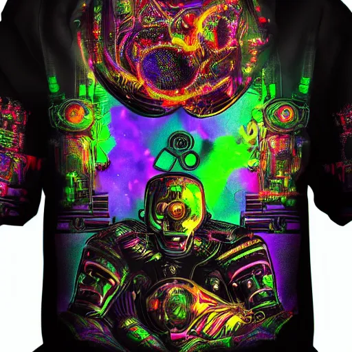 Image similar to mockup of a black hoodie with a hyperdetailed portrait of a steampunk robot on lsd, 8 k, symetrical, flourescent colors, trippy mood, multicolored,