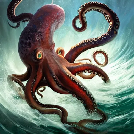 Image similar to a dream fantasy painting of a octopus and a man fight for their life, in the deep of the ocean, by beksinki, antonio j. manzanedo greg rutkowski, carne griffith trending on artstation, deviantart, photorealism