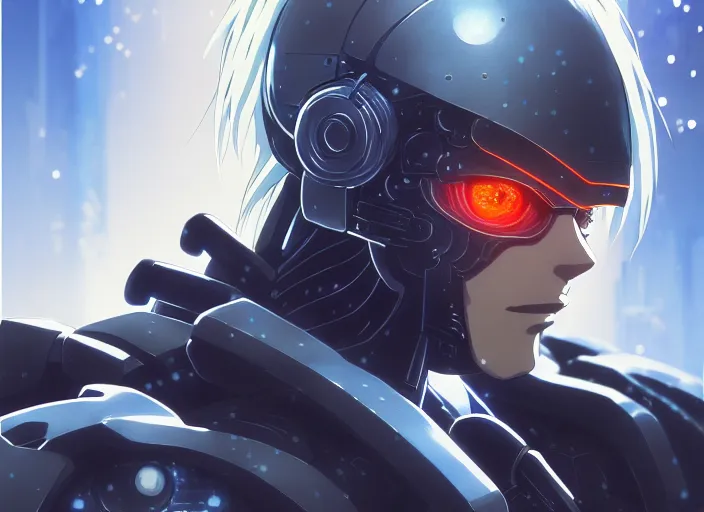 Image similar to a anime portrait of a cyborg raiden, finely detailed features, closeup at the face, sharp focus, perfect art, night - time city background, cinematic lighting, highly detailed, intricate, anime, illustration, artstation, trending on pixiv fanbox, painted by greg rutkowski, studio ghibli, yoji shinkawa, hayao miyazaki,