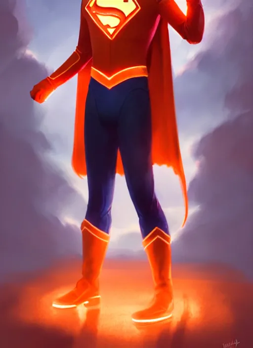 Image similar to kind teenage archie andrews wearing an orange superhero costume, superhero costume with heart emblem, cape, intricate, elegant, glowing lights, highly detailed, digital painting, artstation, sharp focus, illustration, art by wlop, mars ravelo and greg rutkowski