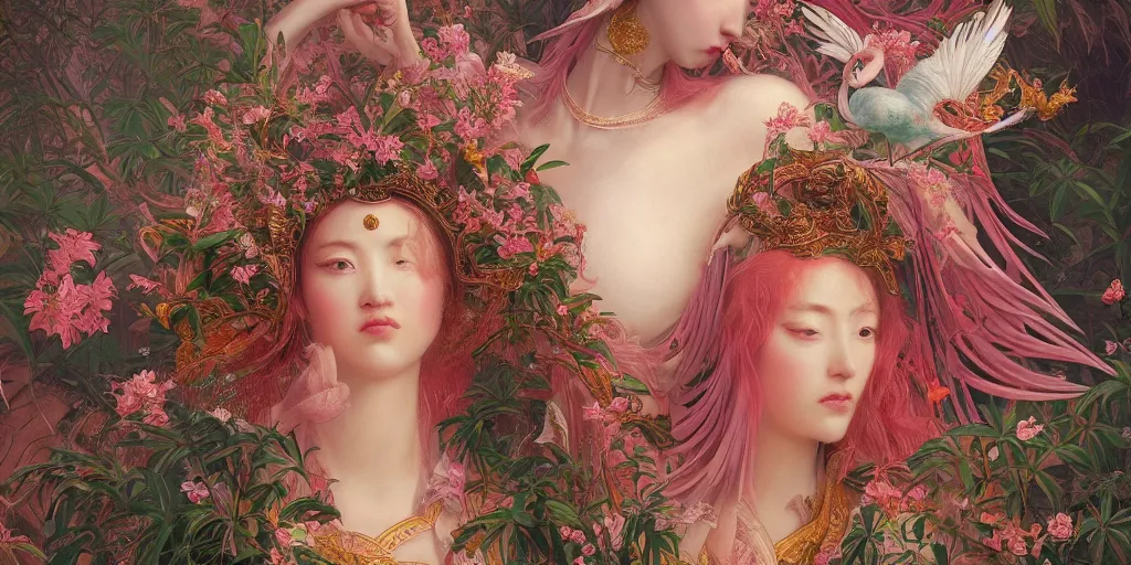 Image similar to breathtaking detailed concept art painting of the goddess of flamingo, orthodox saint, with anxious, piercing eyes, ornate background, amalgamation of leaves and flowers, by Hsiao-Ron Cheng and John James Audubon, extremely moody lighting, 8K