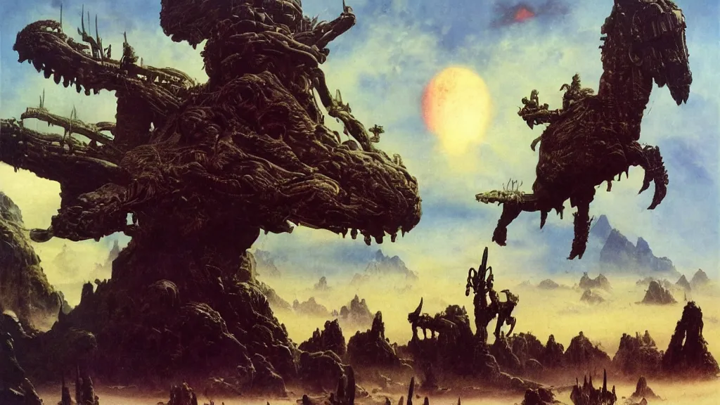 Image similar to surreal eerie alien planet empire, an alien army on a horse like creatures by frank frazetta and bruce pennington, cinematic matte painting