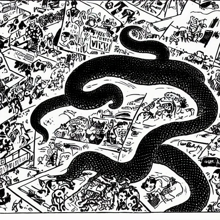 Image similar to a still frame from comic strip, black fluffy hairy snake 1 9 5 0, herluf bidstrup, new yorker illustration, monochrome contrast bw, lineart, manga, tadanori yokoo, simplified,