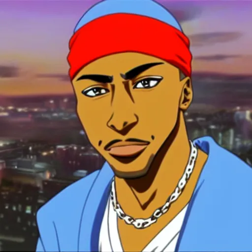 Image similar to Tupac Shakur, screenshot from a 2012s anime