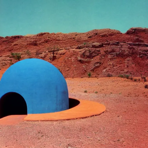 Image similar to a man in brightly colored clothing standing outside a Non-Euclidean orb-like clay house sitting in the desert, vintage photo, beautiful cinematography, blue sky, film grain, James Turrell