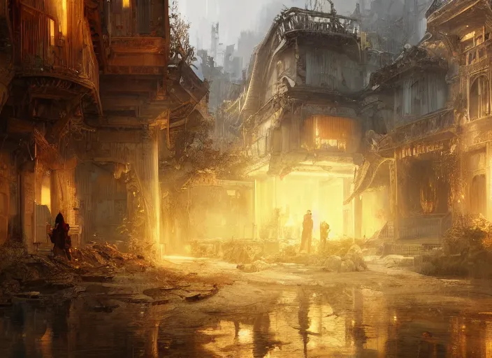 Image similar to one bright the rich golden house among destroyed world around volumetric lighting, digital painting, highly detailed, artstation, sharp focus, illustration, concept art, ruan jia, steve mccurry, amazing composition